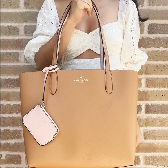 Kate Spade Reversible Tan Brown Beige Leather Tote w Zip Pouch - Picture 2 of 6